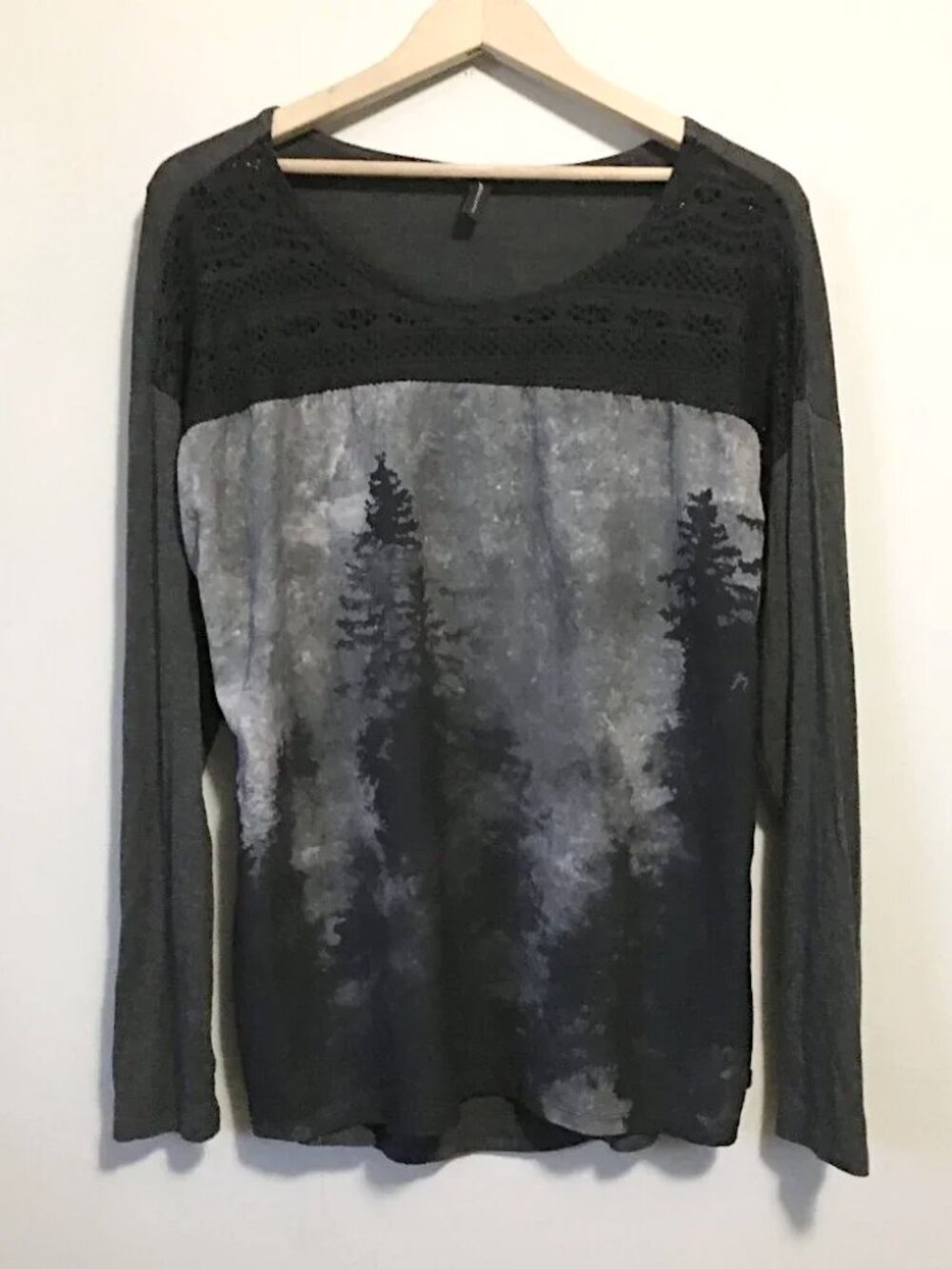 Soyaconcept Lost in The Woods Print Crochet Collar Long Sleeve Viscose Top M